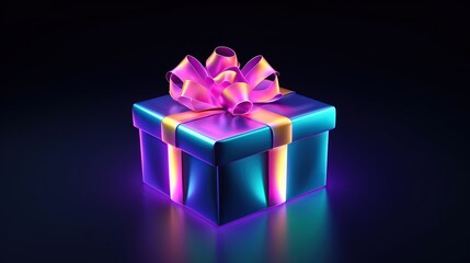 Obraz premium Neon color pink and light blue gift box with ribbon on dark blue background.