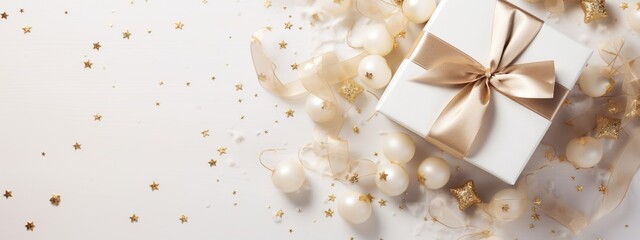New year holiday with white gift boxes and decoration on white background.
