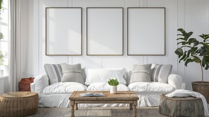render of three vertical blank frames in a mockup cozy living room, a white sofa with striped pillows and a wooden white table near a window with natural light, white walls