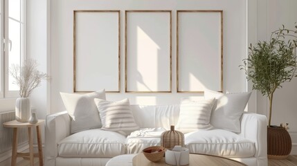 render of three vertical blank frames in a mockup cozy living room, a white sofa with striped pillows and a wooden white table near a window with natural light, white walls