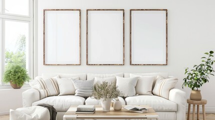 render of three vertical blank frames in a mockup cozy living room, a white sofa with striped pillows and a wooden white table near a window with natural light, white walls - Powered by Adobe