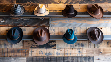Stylish workplace with hats near wooden wall