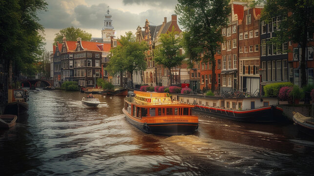 Fototapeta quaint canal boat gliding serenely through picturesque waterway lined with historic buildings and lush greenery with the gentle lapping of waves and the chirping of birds