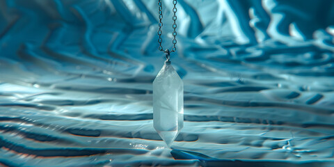  White crystal pendant, pendulum on a chain, healing amulet, spiritual energy detector on wavy background , Pendulum on Chain Healing Amulet, Spiritual Energy Detector - Perfect for Meditation 

 - obrazy, fototapety, plakaty
