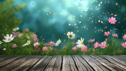 Blossom white pink Cosmos flowers in garden with wood plank floor and fireflies at night, summer  and spring time theme background.