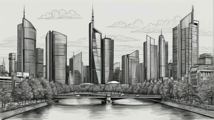 Fototapeta premium Monochromatic illustration of a serene city skyline with reflections