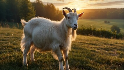 Obraz premium Serene goat in a field at sunset with warm, golden tones