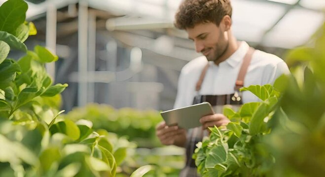 Close-up of a farmer inspecting plants in a greenhouse, emphasizing sustainable agriculture care