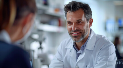 Obraz premium Senior doctor with a white beard reviewing digital health records on a tablet with a colleague in a hospital.
