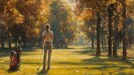 Painting of a man standing in a field with a golf bag . AI Generated