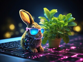 Easter bunny rabbit with sunglasses, giving thumb up, isolated on orange background. background Generative AI illustration of glowing plant growing