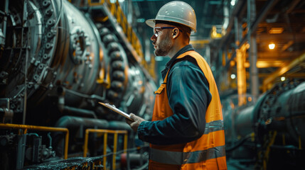 A skilled worker with clipboard monitors complex machinery at an industrial manufacturing plant.