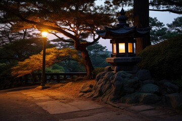 A stone lantern stands sentinel at the entrance, casting a warm glow as dusk begins to settle.