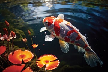 A lone koi fish glides gracefully through the pond's clear water, its scales catching the sunlight.