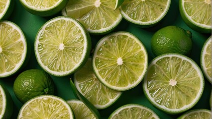 Fresh whole and sliced limes with leaves on vibrant green background