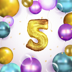 Elegant Greeting celebration five years birthday. Anniversary number 5 foil gold balloon. Happy birthday, congratulations poster. Golden numbers with sparkling golden confetti. Vector background
