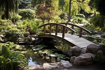 Fototapeta premium A wooden bridge spans the pond, inviting visitors to cross over and explore the garden's hidden corners.