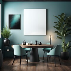  Meeting area or dining room with large black round table and teal cyan chairs. Empty wall turquoise azure paint color accent. Dinning modern kitchen interior home or café. Mockup for art. 3d render 