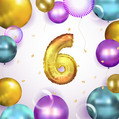 Elegant Greeting celebration six years birthday. Anniversary number 6 foil gold balloon. Happy birthday, congratulations poster.