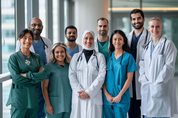 Diverse Team of Healthcare Professionals in Hospital. A diverse group of doctors and nurses from various ethnic backgrounds smiling together in a hospital setting.