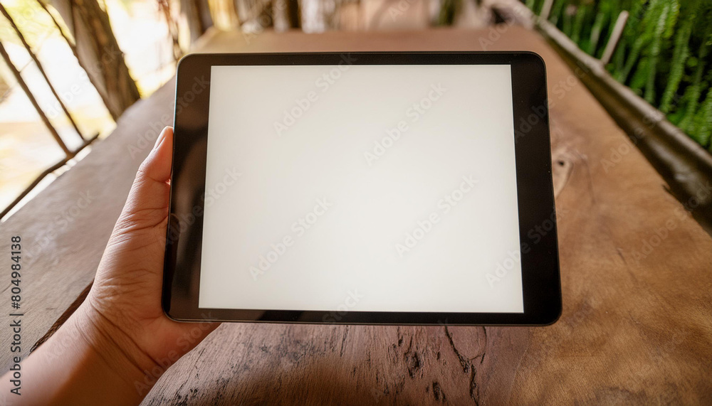 Poster mockup image of a hand holding digital tablet with blank white desktop screen