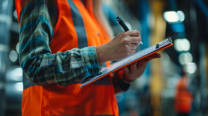 A male factory worker in an orange vest is focused on taking notes during a workplace inspection.