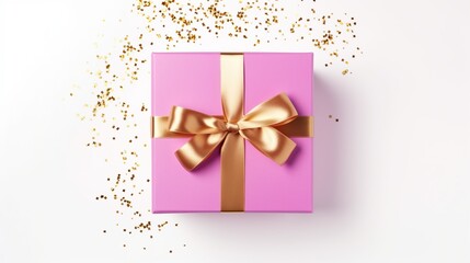 Pink gift box with golden ribbon on white background.