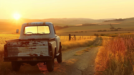 rugged pickup truck parked on dirt road in the heart of the countryside with fields of golden wheat...