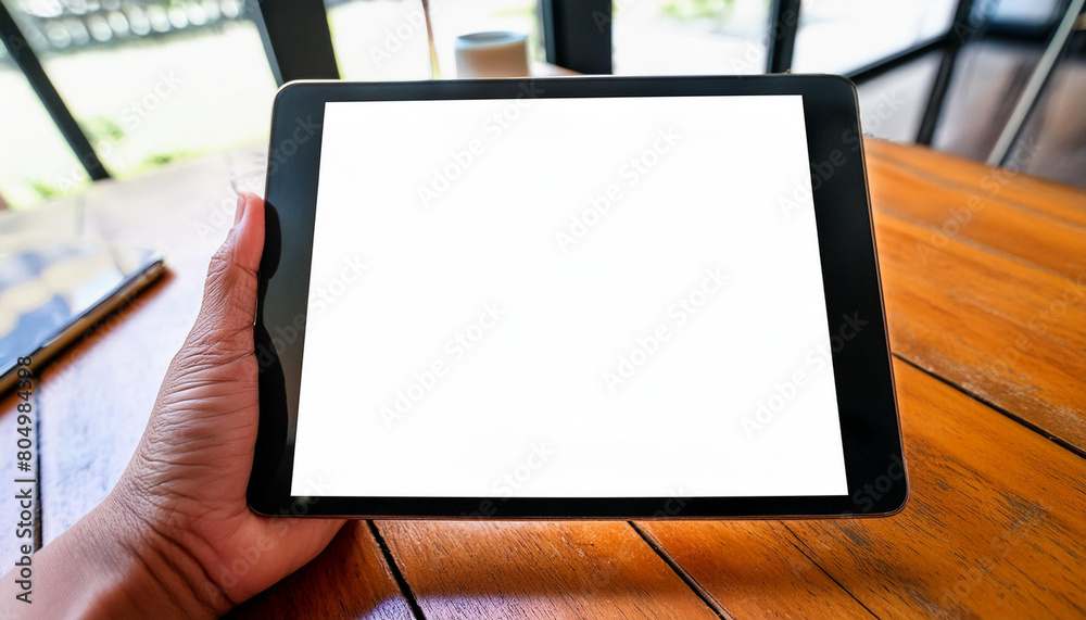 Poster mockup image of a hand holding digital tablet with blank white desktop screen