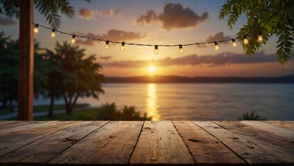 mpty Wood table top with decorative outdoor string lights hanging on tree in the garden , Daylight saving time end, real estate concept and blurred landscape of river beach Blue sky with sunset