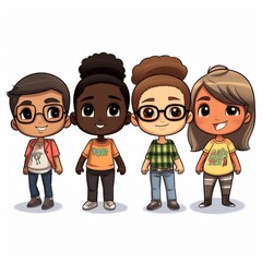 Diverse Group of Cute Cartoon Kids Smiling Isolated on White Background