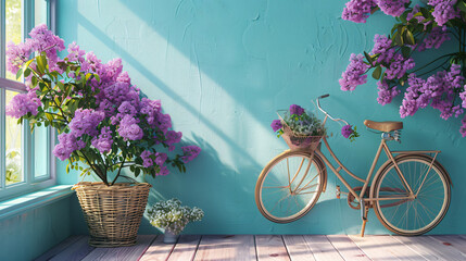 Fototapeta na wymiar Table with flowers and bicycle near lilac wall