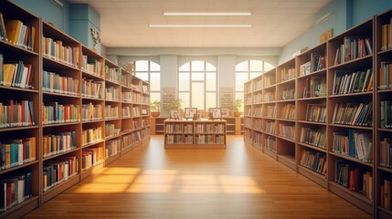 School library with bookshelves with large stack of book. Learning and education concept.