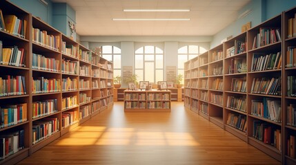 Obraz premium School library with bookshelves with large stack of book. Learning and education concept.