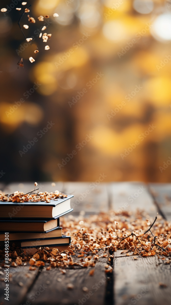 Canvas Prints Open book on grunge wood background with falling leaf