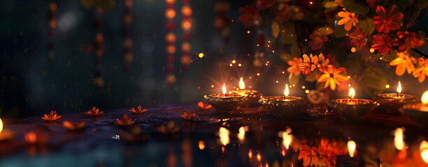 Vibrant and festive Diwali scene with candles, flowers, and sparkling lights reflecting on a wet surface.
