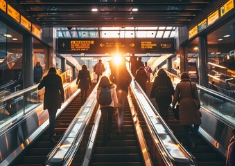 Commuters Riding Escalators in Modern Train Station During Sunset