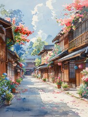 Obraz premium Kyoto street with traditional houses and blooming flowers in soft watercolor style