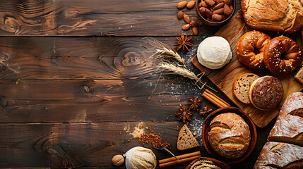 Obraz na płótnie Canvas Tasty bakery products on wooden background