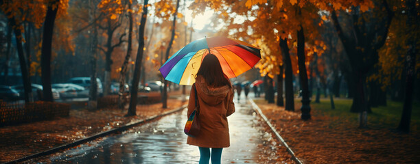 A lone woman walks under a vibrant umbrella amidst a rainy autumn park scene.