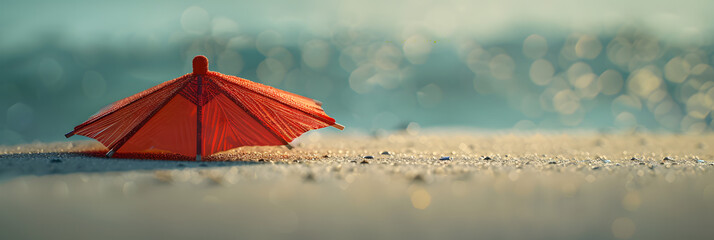 Close up of a red cocktail umbrella in the sand