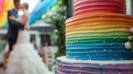 Close-up of a rainbow cake at a wedding with couple in the background celebrating love and marriage