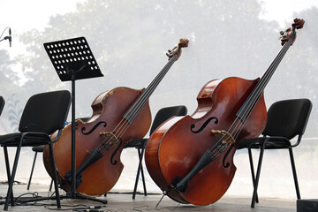 2 two Double bass standing on stage. Big bass viol on the scene before the concert. before the...