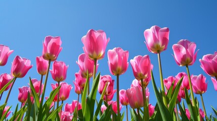 Bright Pink Tulips Against Clear Blue Sky
Low angle view of radiant pink tulips in full bloom against a vibrant blue sky, capturing the essence of spring.

