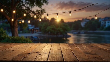 mpty Wood table top with decorative outdoor string lights hanging on tree in the garden , Daylight saving time end, real estate concept and blurred landscape of river beach Blue sky with sunset