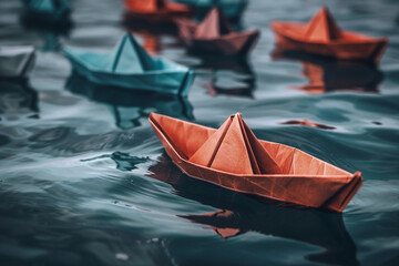 An array of paper boats with one leading in a different direction, symbolizing leadership and the courage to chart a new course 