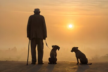 Alone old man with dog in sunrise
