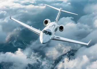 Luxury Private Jet Flying Above Clouds with Mountain View Stock Image
