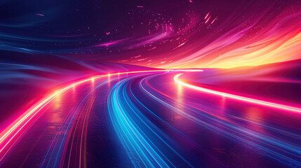 A very rich and colorful abstract road background, with dark blue and purple styles, futuristic minimalism, neon lights, and smooth curved lines