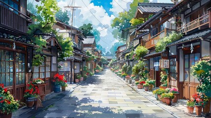 Fototapeta premium Kyoto streets with windows and houses and flowers in watercolor style